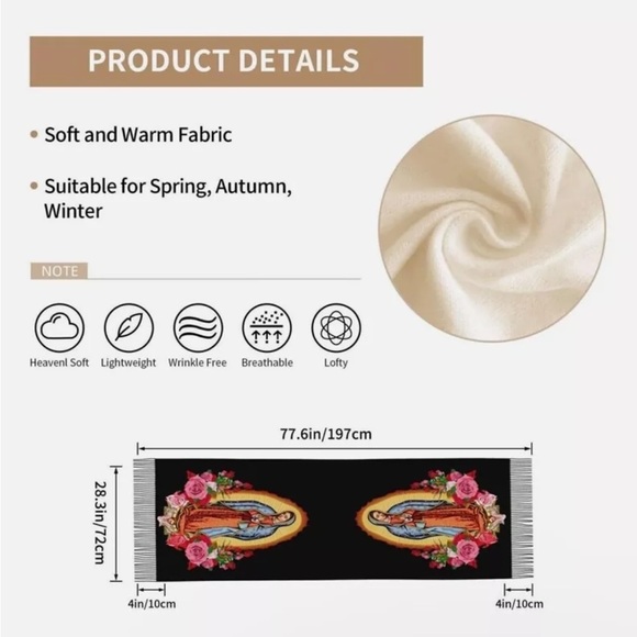 Black multicolor Our Lady of Guadalupe print wrap shawl warm soft fringes nwt - Picture 6 of 7